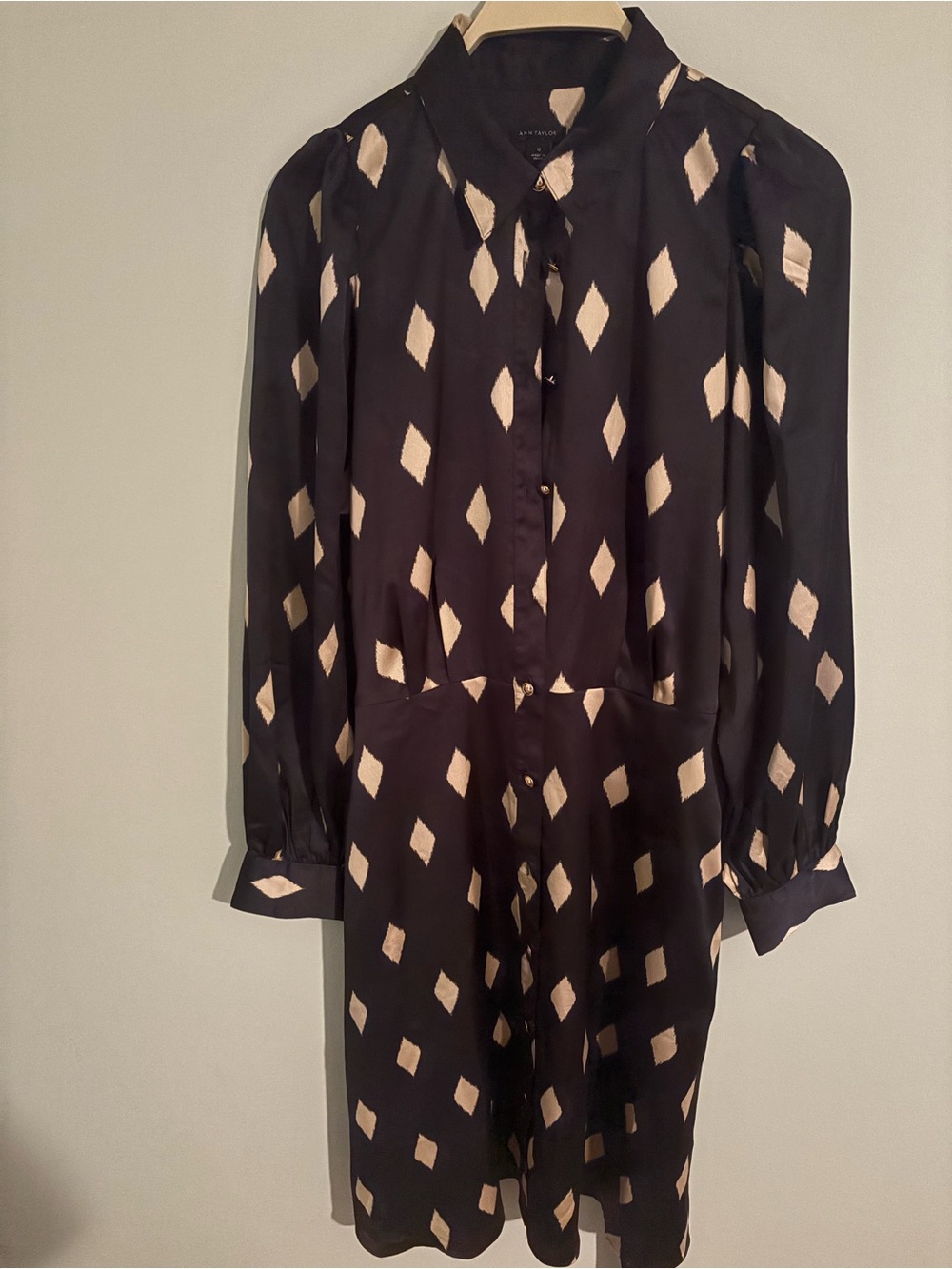 Ann Taylor Diamond Print Blackish Plum Button-Front Dress